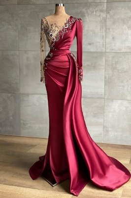 Очаровательное вечернее платье из атласа со шлейфом сбоку | Выпускные платья с длинными рукавами_1