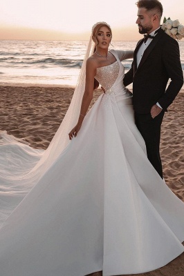 Сексуальное атласное свадебное платье с оборками на одно плечо и блестками Seqiuns, русалка, со шлейфом-шлейфом_1