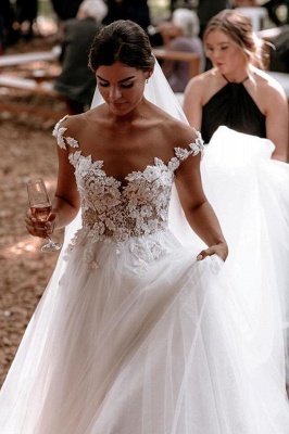 Elegant Cap Sleeve Tulle Lace Simple Wedding Dress White Floor Length Garden Bridal Gown_3
