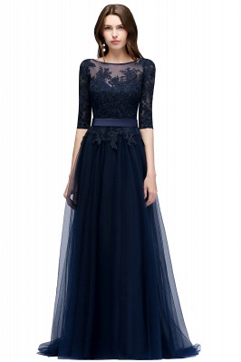 NANA | A-line Half Sleeves Floor Length Slit Appliqued Tulle Prom Dresses with Sash_3