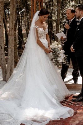Elegante boné manga tule renda simples vestido de noiva branco até o chão vestido de noiva jardim_4