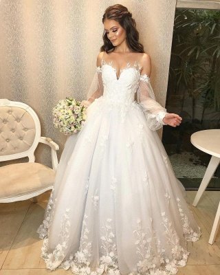 Elegant Off Shoulder Bubble Sleeves  Aline Tulle Lace Wedding Dress for Women_3