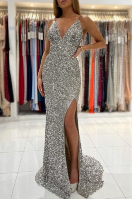 Sexy Sparkly Sequins V-Neck Prom Dress with Side Slit Spaghetti Straps Evening Maxi Dress for women_1