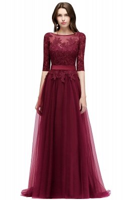 NANA | A-line Half Sleeves Floor Length Slit Appliqued Tulle Prom Dresses with Sash_2