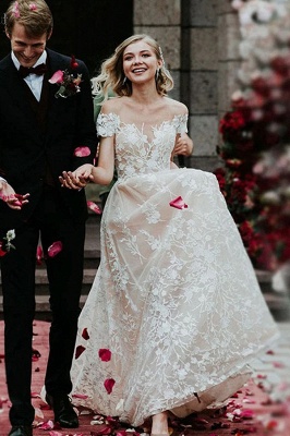 Vestido de noiva de renda floral com ombros sem ombro charmoso vestido de noiva princesa branca Aline_1