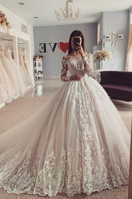 Precioso vestido de bola de manga larga con encaje floral vestido de novia de tul Aline_1