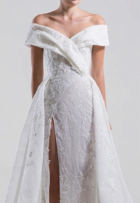 Vestido de novia blanco sirena con hombros descubiertos Vestido de novia con apliques de encaje con abertura lateral_1