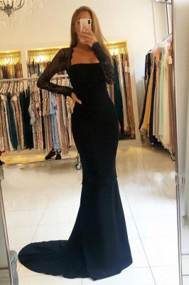 Black Long Sleeves Mermaid Prom Gown Floor Length_1