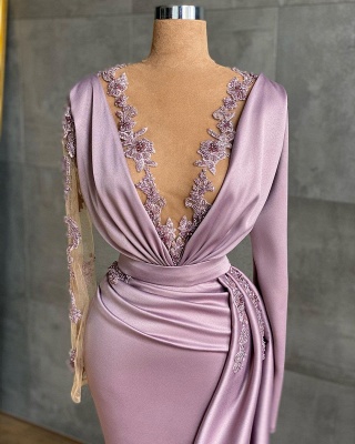 Encantador vestido de baile sereia manga longa lilás vestido de cetim com decote em V profundo vestido de festa à noite com cauda lateral_2