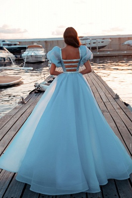 Bright Blue Puffy Sleeve Mermaid Prom Dress with Detachable Train_4