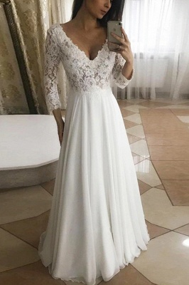Elegante vestido de novia de encaje con cuello en V Vestido de novia de jardín de mangas largas_1
