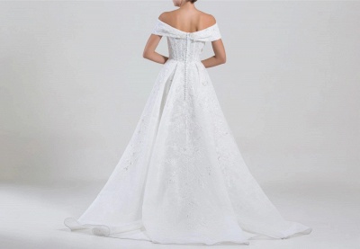 Vestido de novia blanco sirena con hombros descubiertos Vestido de novia con apliques de encaje con abertura lateral_3