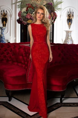 Stunning Jewel Neck Red Lace Mermaid  Evening Maxi Dress_1