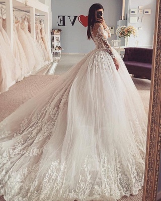 Precioso vestido de bola de manga larga con encaje floral vestido de novia de tul Aline_2