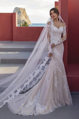 Sweetheart White Mermaid Lace Wedding Dresses_1