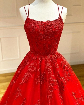 Spaghetti Straps Floral Lace Aline Evening Gown Sleeveless Prom Dress_1