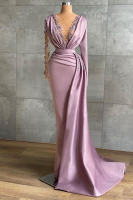 Charming Lilac Long Sleeves Mermaid Prom Dress Satin Deep V-Neck Evening Party Wear Gown with Side tail