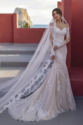 Weiße Brautkleider mit Herzausschnitt und Spitze im Meerjungfrau-Stil