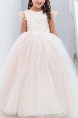 Belle robe de fille de fleur de dentelle de tulle sans manches robe d'enfants pour la fête de mariage avec des appliques_2