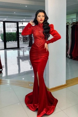Stunning Red Ruched High Neck Mermaid Prom Dress Long Sleeves_1