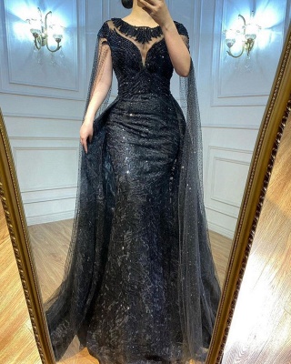 Charming Black Scoop Neck Mermaid Prom Dress with Tulle Cape_2