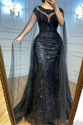 Charming Black Scoop Neck Mermaid Prom Dress with Tulle Cape_1