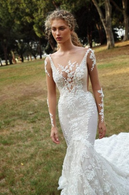 Vestido de noiva elegante branco floral de renda sereia de mangas compridas com decote em V_1