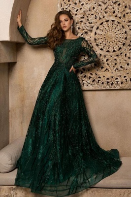 Стильное темно-зеленое вечернее платье макси с длинными рукавами_1