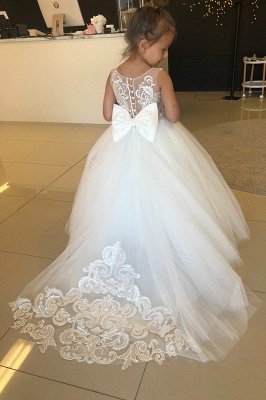 Cute White Ivory Tulle Little Girl Dress for Wedding Sleeveless Lace Appliques Flower Girl Dress_3