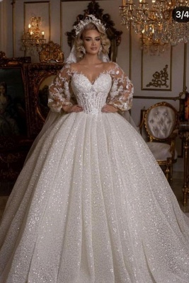 Luxury Sweetheart Sparkly Sequins Ball Gown with Long Puffy Sleeves_1