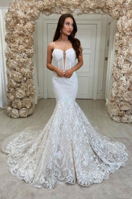 Elegante vestido de novia de encaje floral de sirena con tirantes finos Sweeteart_1