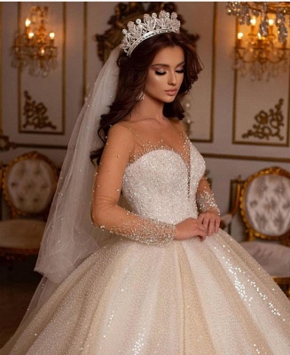 Luxury Sweetheart Sparkly Sequins Bridal Gown Long Sleeves_4