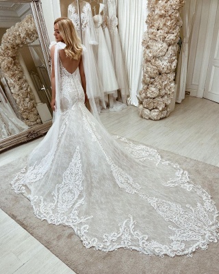 White Tulle Lace mermaid Wedding Gown with Sweep Train_2