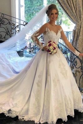 Stilvolles weißes Brautkleid mit langen Ärmeln und Applikationen_1