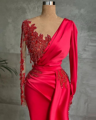 Charmante robe de soirée sirène rouge à une épaule avec cape latérale_2
