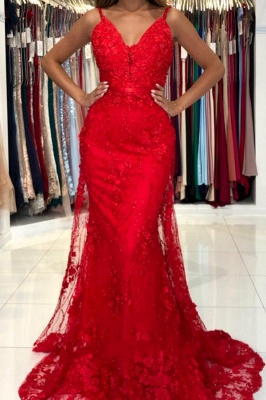 Потрясающее красное кружевное вечернее платье с V-образным вырезом и аппликациями с русалкой_1