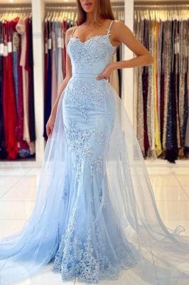 Encantador vestido largo de fiesta de sirena azul cielo con apliques de encaje floral cola desmontable_1