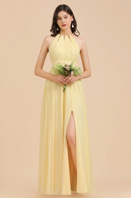 Halter Pleated Chiffon Daffodil Bridesmaid Dress Side Slit Long Wedding Party Dress