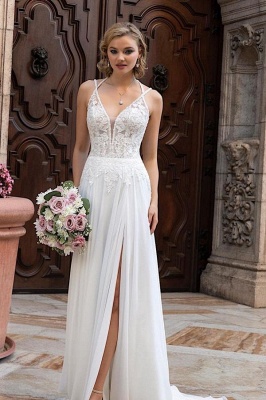 Vestido de novia sencillo, escote en V, encaje floral con abertura lateral_1