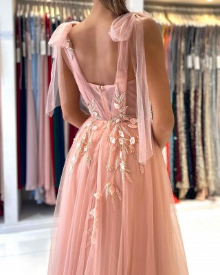 Atemberaubendes ärmelloses Aline Abendkleid aus Tüll | Schatz-Partykleid mit Blumenspitze und seitlichem Schlitz_5
