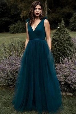 Elegant V-neck Sleveless Aline Tulle Evening Maxi Dress_1