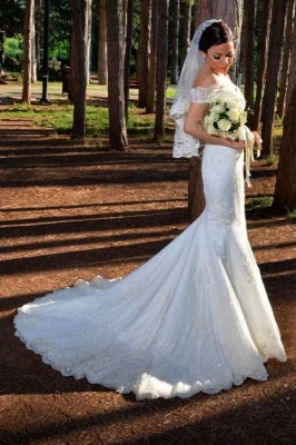 Lindo vestido de noiva estilo sereia sem ombros com apliques de renda_1
