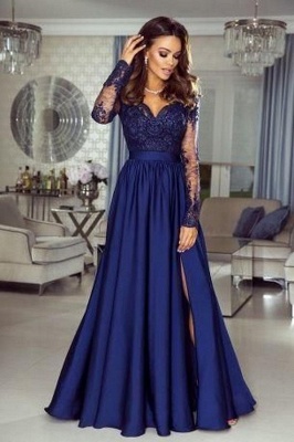 Elegante vestido largo de noche de satén de encaje azul marino Vestido formal de manga larga con abertura lateral_1