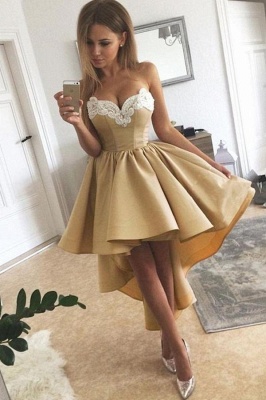 Charming Sweetheart Lace Hi-Lo Homecoming Dress Gold Sleveless Short Party Dress with Appliques_4