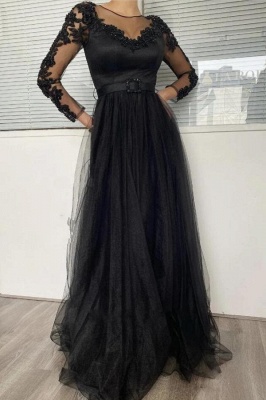 Black 3D Lace Appliques Tulle Long Evening Dress Long Sleeve Aline Formal Dress_1
