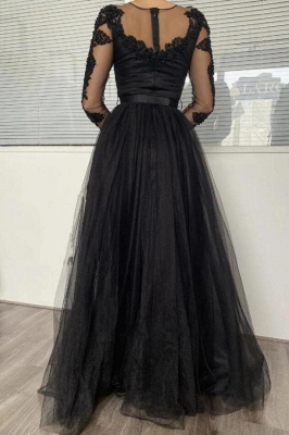 Vestido de noche largo de tul con apliques de encaje 3D negro Vestido formal de manga larga Aline_2