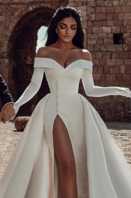 Charming Off-the-Shoulder Wedding Dress Side Slit Mermaid Evening Party Dress with Detachable Train_2