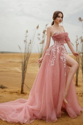 Dusty Pink Strapless Tulle Evening Dress Floor Length Side Slit with White Lace Appliques_1