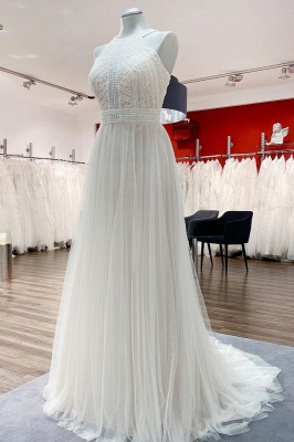 Sleeveless White V-neck A-line Lace Wedding Dresses_3