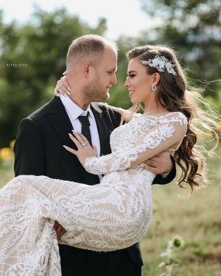 Великолепные свадебные платья русалки с длинными рукавами Белое кружевное свадебное платье с цветочными аппликациями_2
